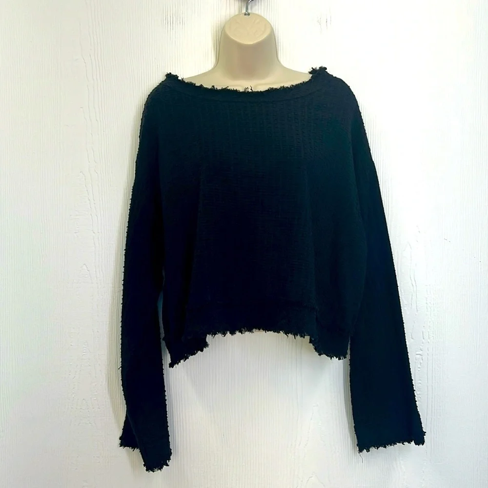 Free People - Black Popcorn Fringe With Back Bow And Button Long Sleeve Top XS